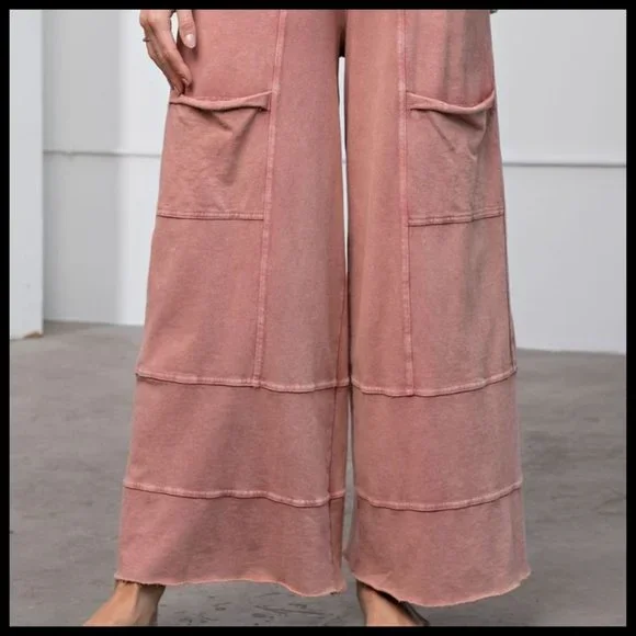 EASEL "Perfect Cargo" Terry Knit Mineral Washed Flared Leg Pants Raw Hem & Seams - Picture 10 of 14